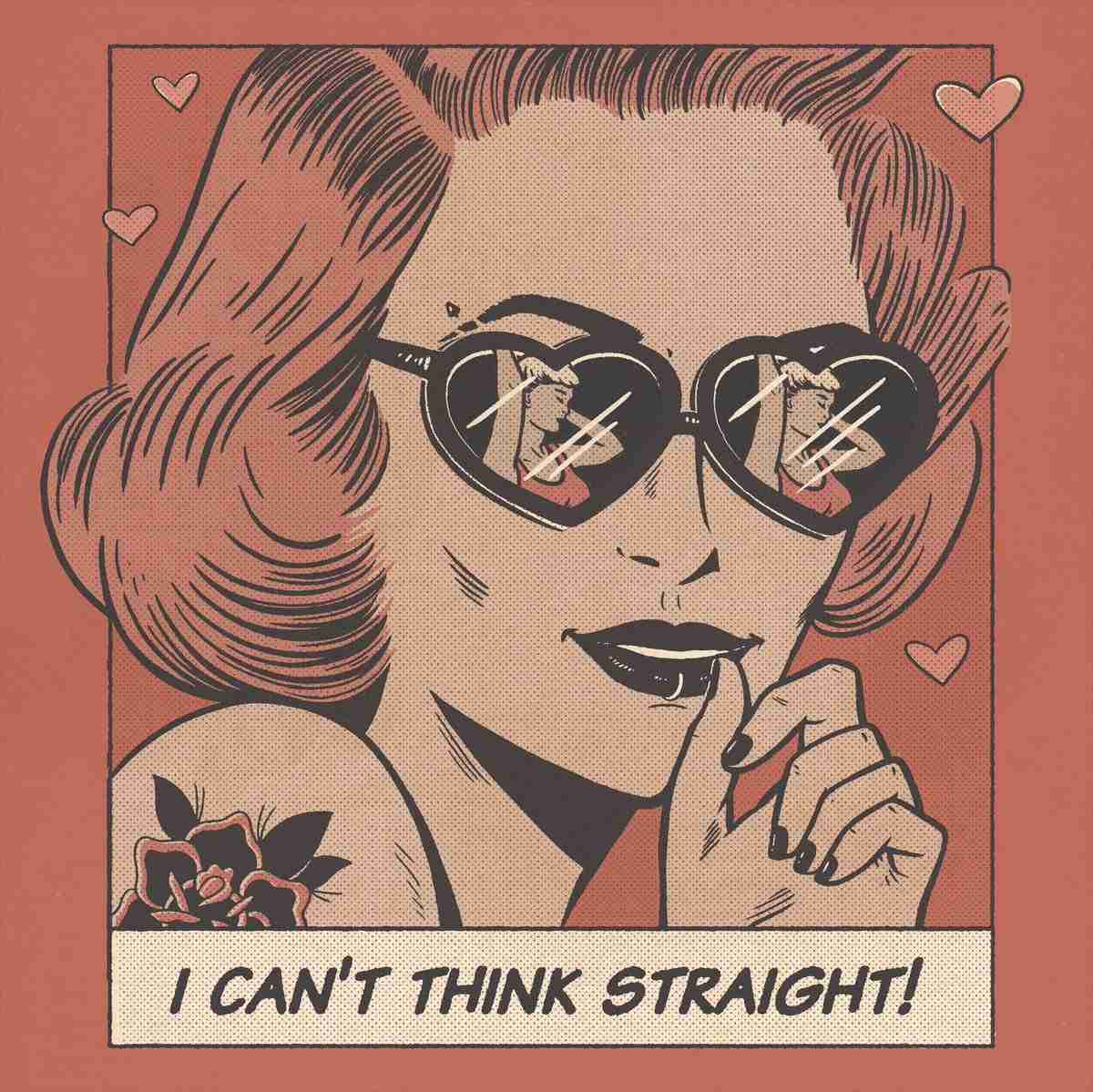 a comic strip style illustration of a woman wearing glasses with the text "I can't think straight" below