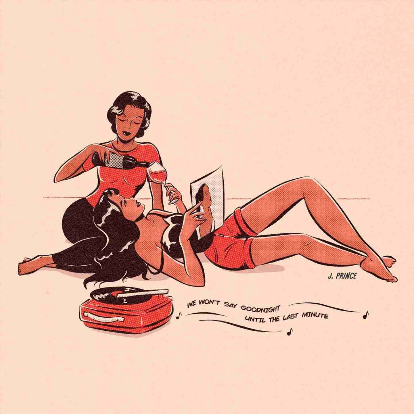 Ilustration by Jenifer Prince with two lesbian girls drinking wine and listening to a record