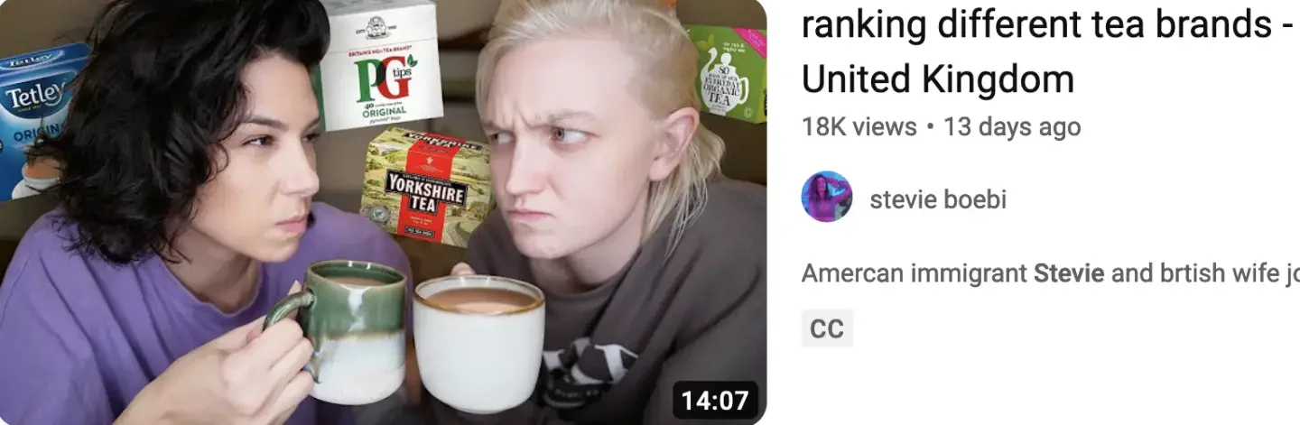 screenshot of a video of queer-youtube couple stevie and josie trying different tea brands - Queer YouTube Couple