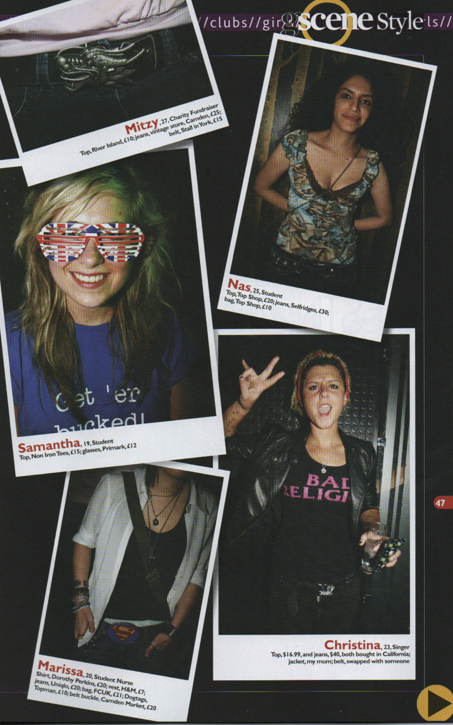 'Scene style' section fro the July 2010 edition of g3. 5 outfits are pictured. All y2k styled.