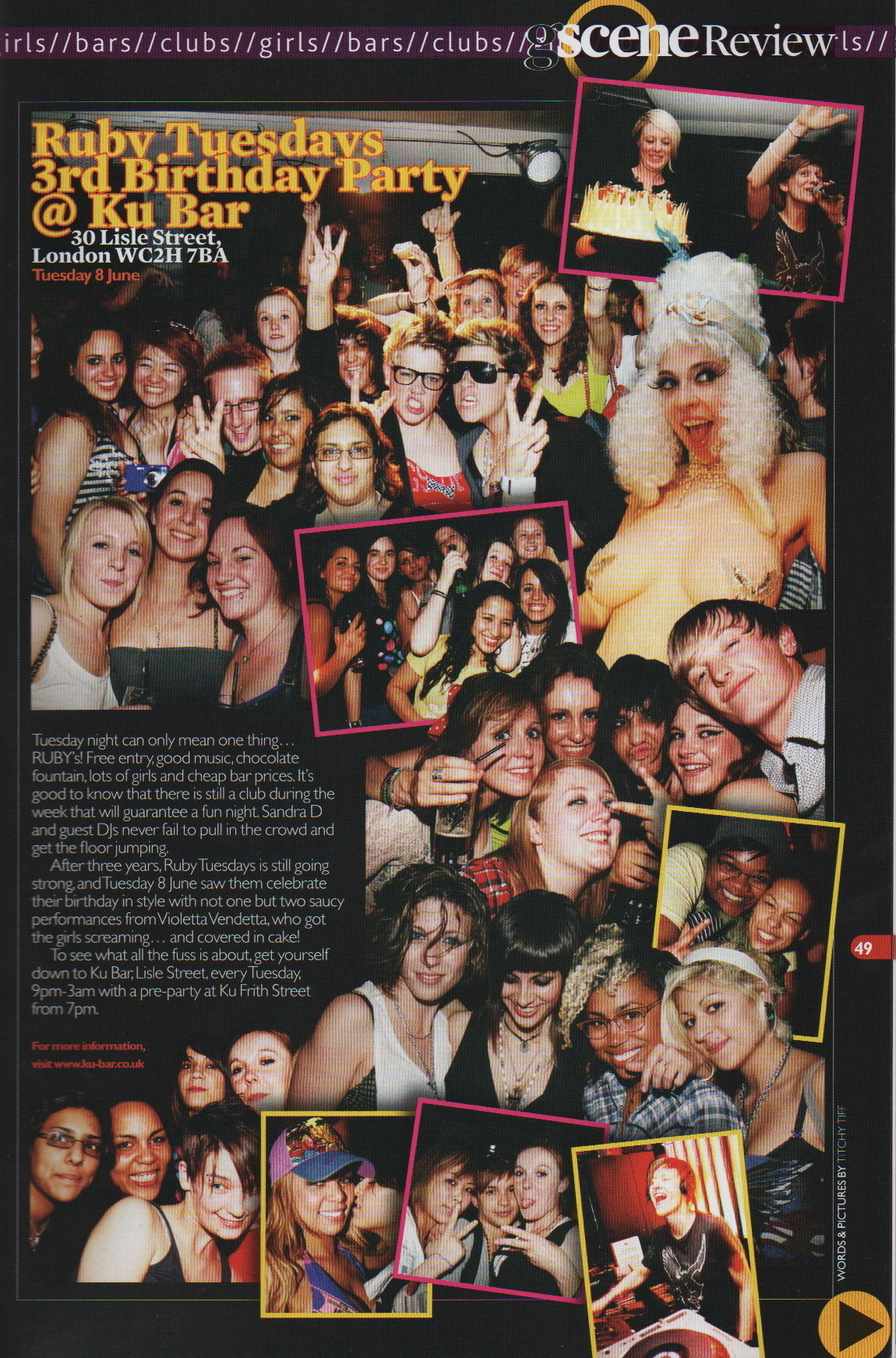 y2k Club night review section of g3 magazine. Picture shows lesbians having fun on night out in Ku Bar.