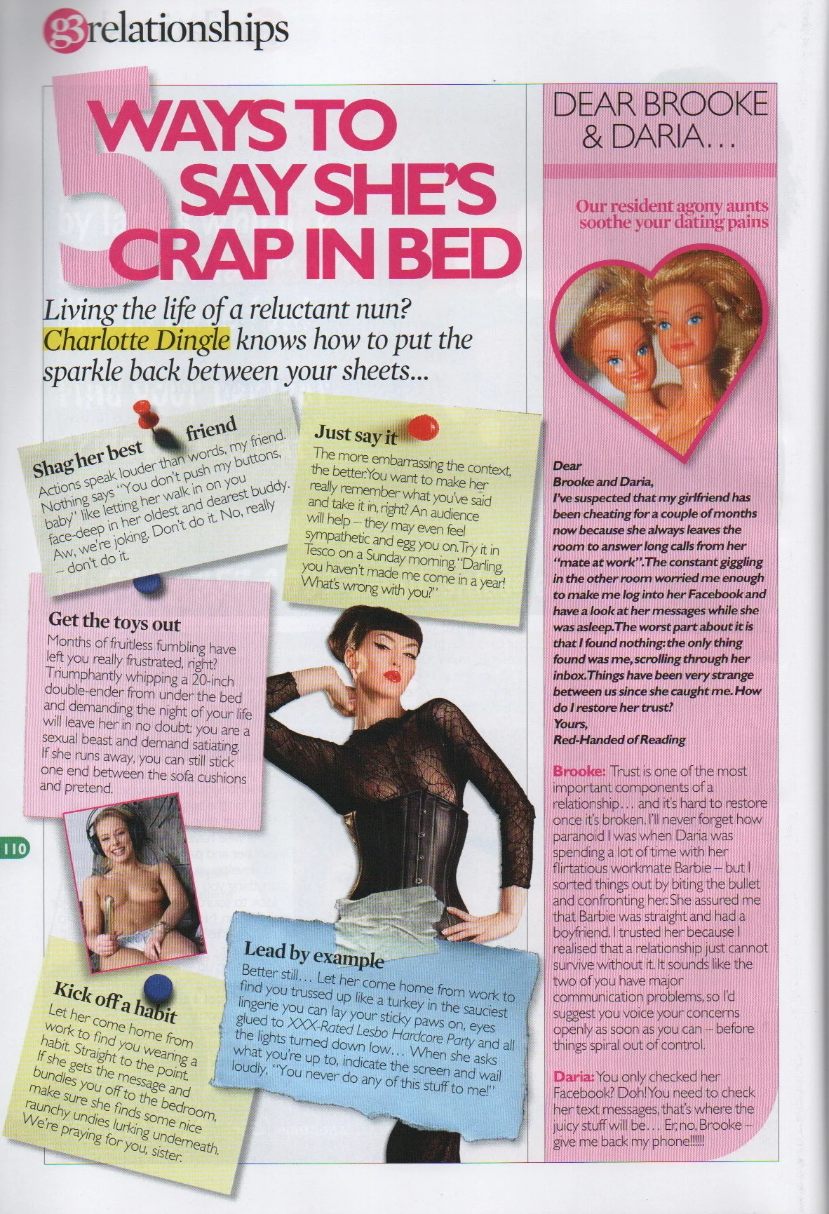Image of g3's agony aunt page from the July 2004 edition, titled '5 ways to say she's crap in bed'. 