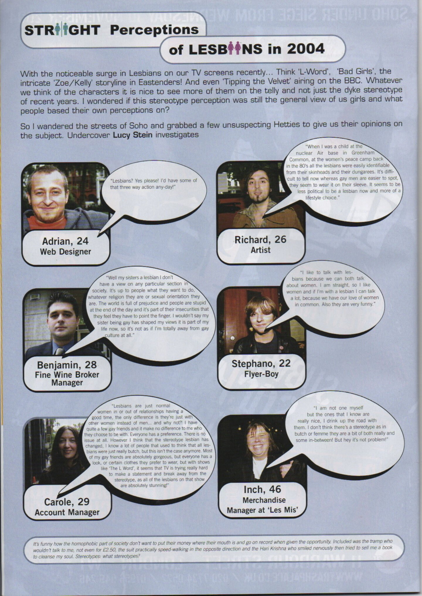 2004 y2k section of g3 asking strangers their perceptions of lesbians. The image gives 6 different opinions. 