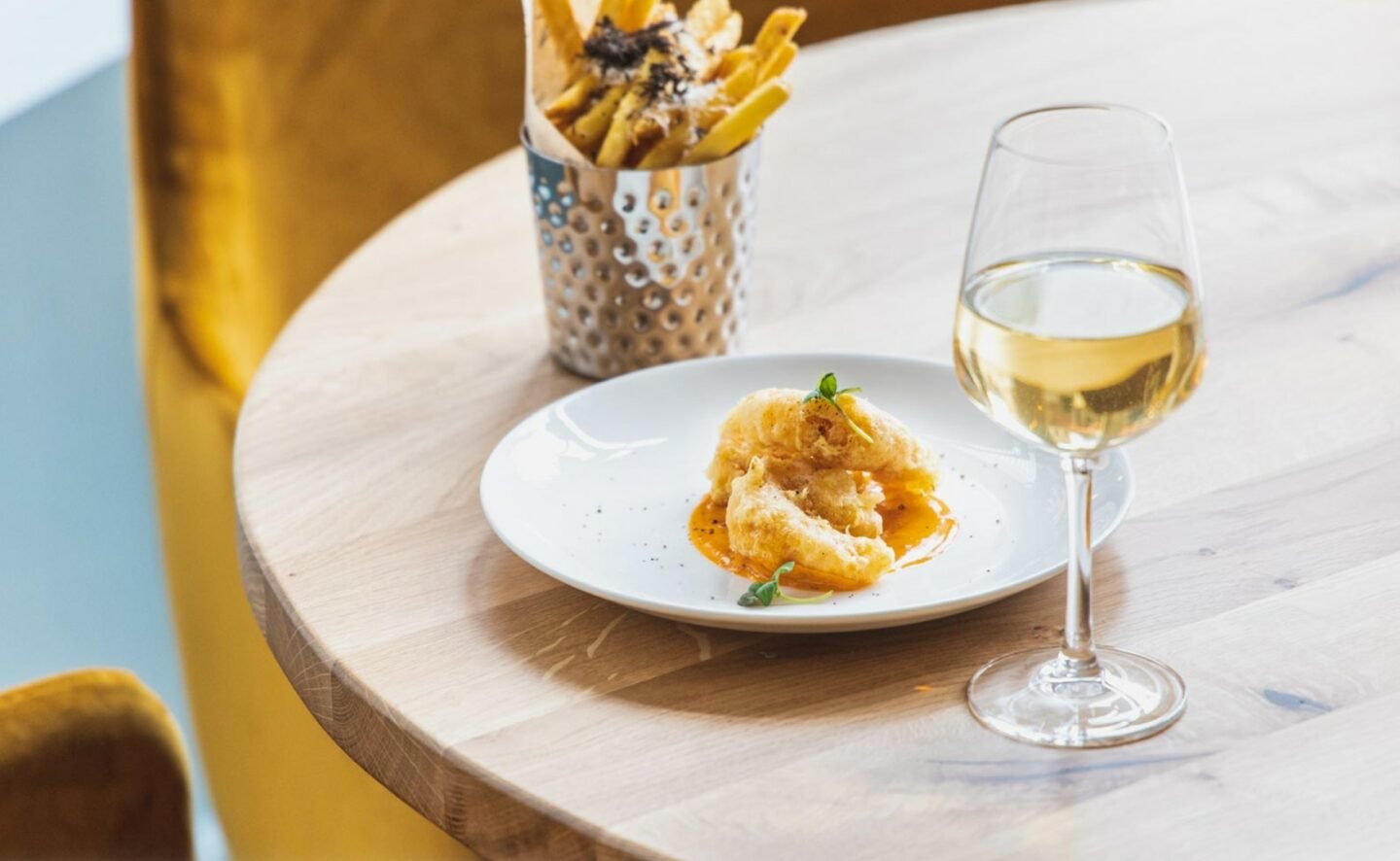 Number Eight: tempura prawns with a glass of white wine