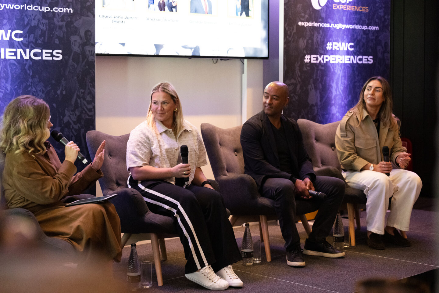 Laura Jane Jones, Rachel Burford, George Gregan, Emma Wassel speaking on a panel at Twickenham